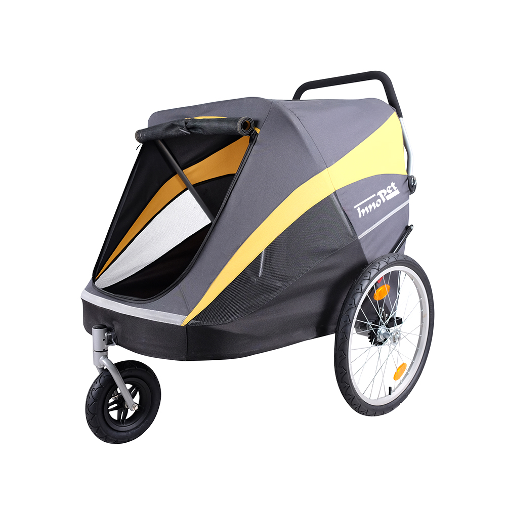 InnoPet | Hundebuggy Hercules inkl. Regenhaube | bis 50 kg | luftgefüllte Hinterreifen | Grau/Gelb